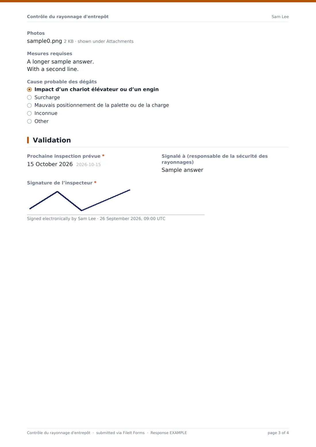 Contrôle du rayonnage d'entrepôt — exemple de réponse au format PDF, page 3 sur 4