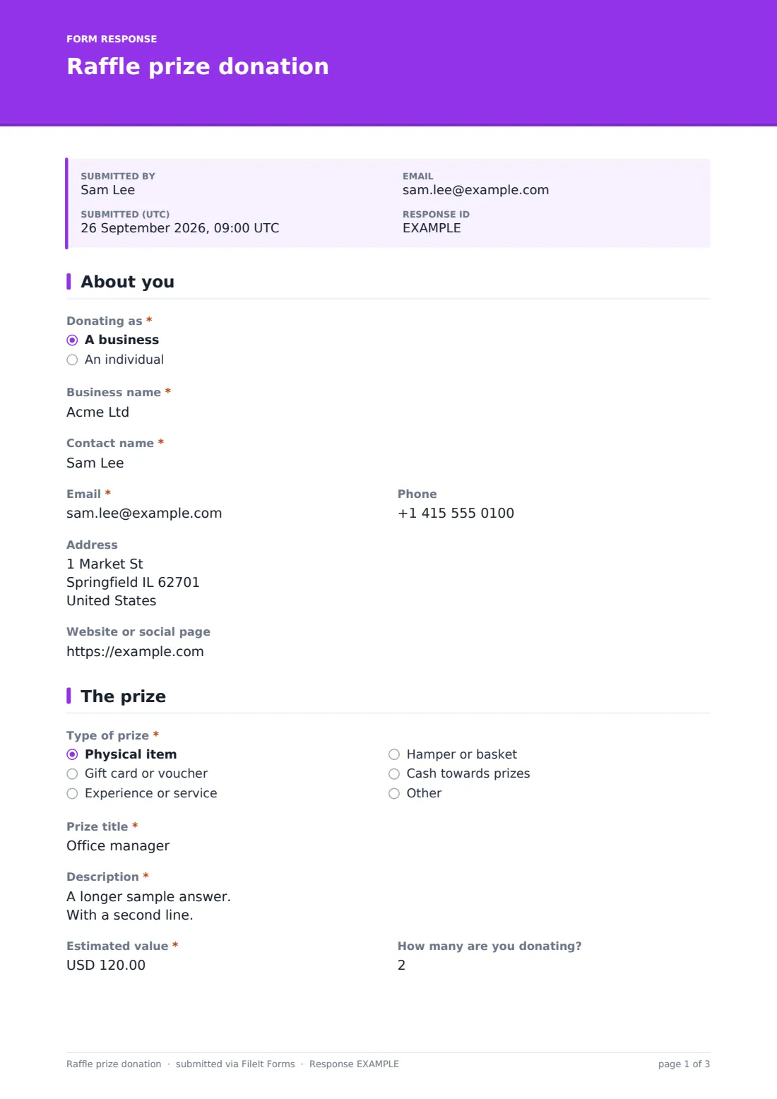 Raffle prize donation — example response PDF, page 1 of 3