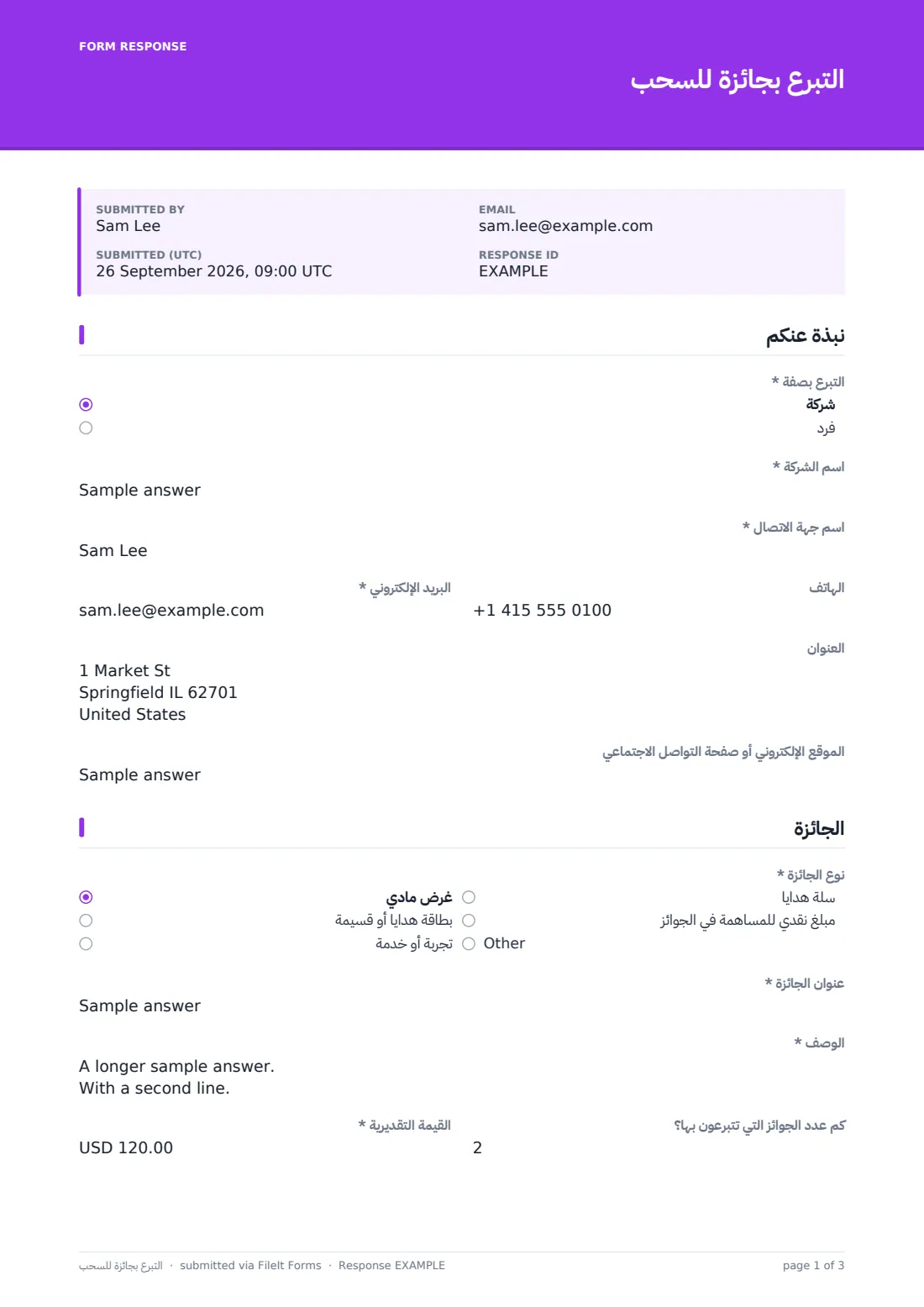 التبرع بجائزة للسحب — ملف PDF لرد نموذجي، الصفحة 1 من 3