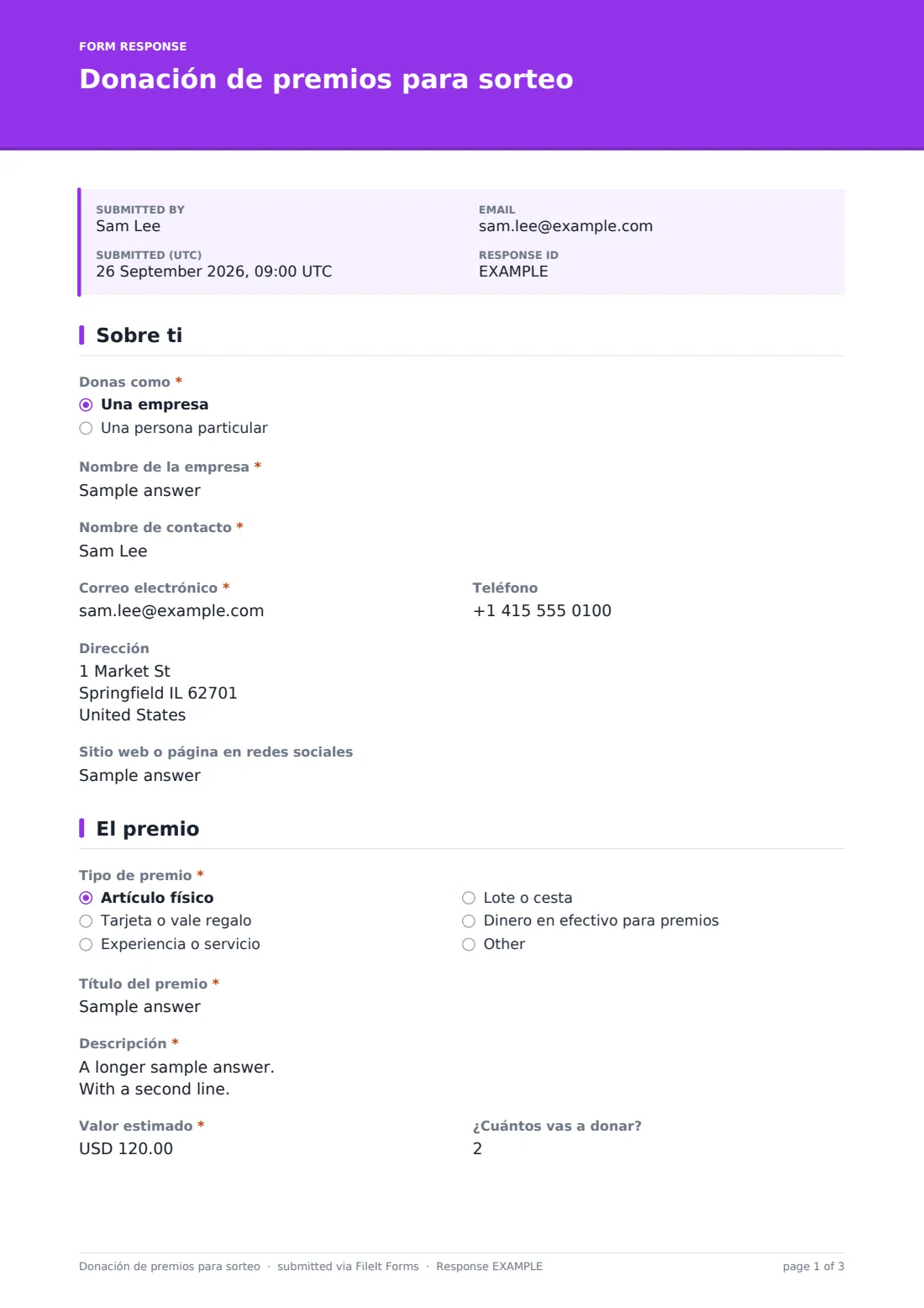 Donación de premios para sorteo — PDF de respuesta de ejemplo, página 1 de 3