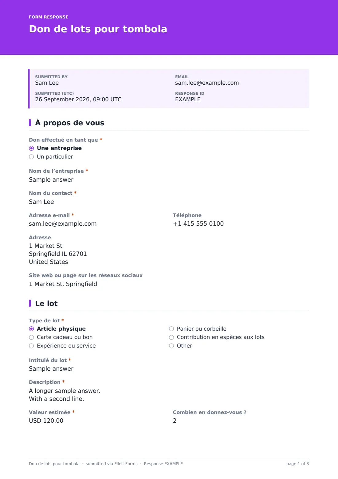 Don de lots pour tombola — exemple de réponse au format PDF, page 1 sur 3