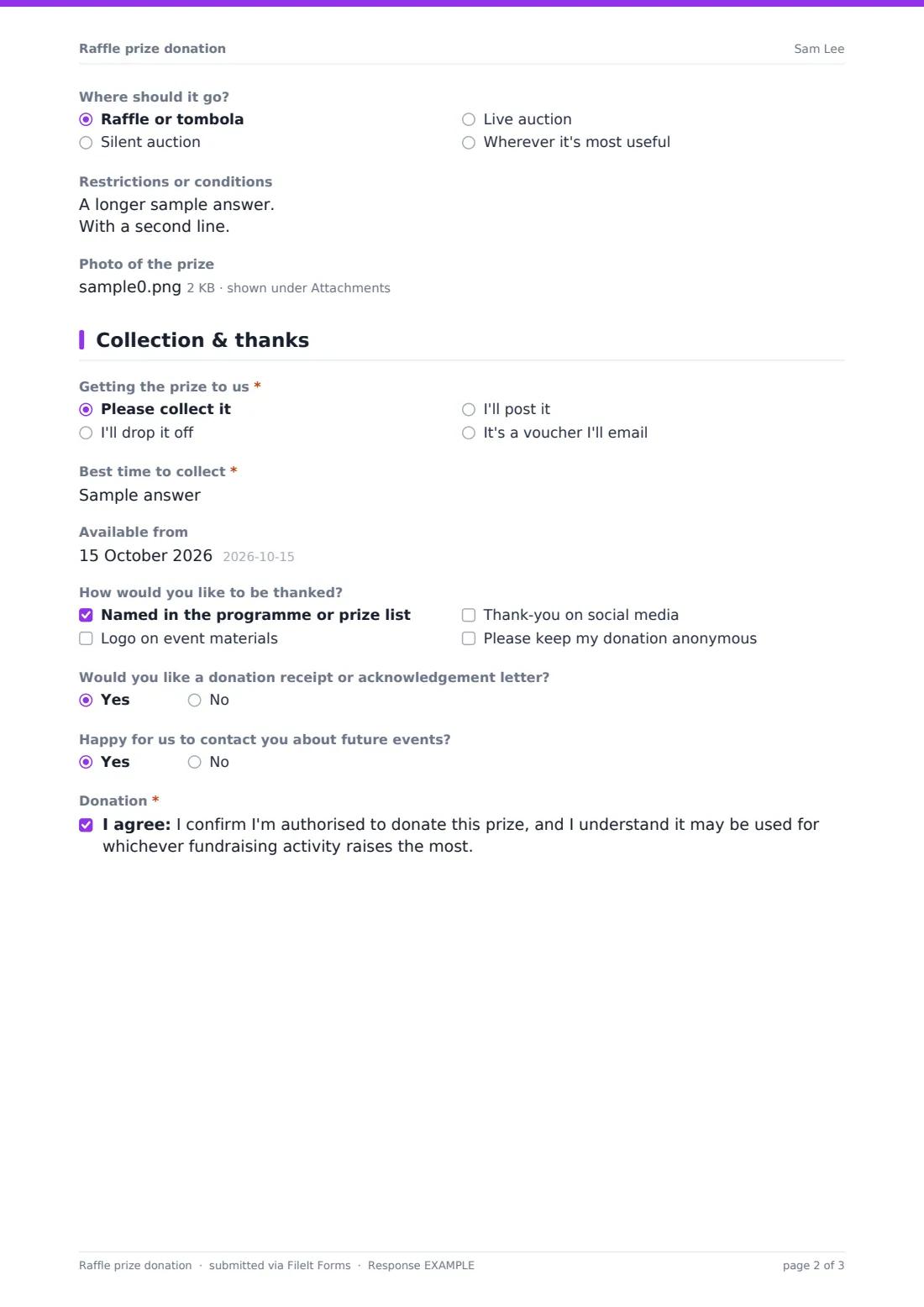 Raffle prize donation — example response PDF, page 2 of 3
