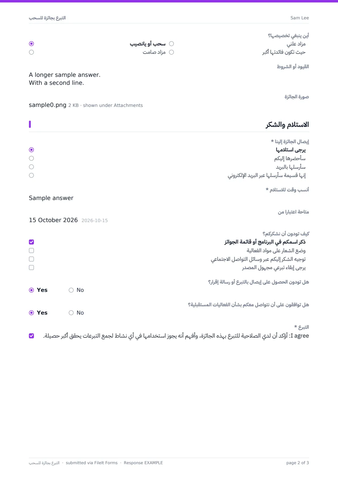 التبرع بجائزة للسحب — ملف PDF لرد نموذجي، الصفحة 2 من 3