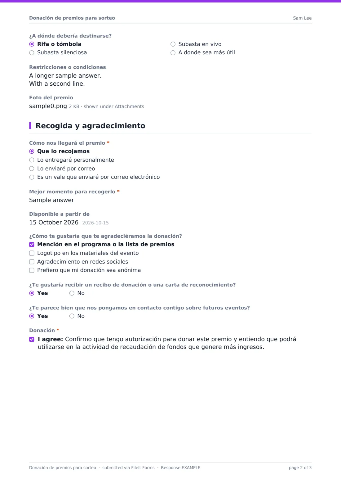 Donación de premios para sorteo — PDF de respuesta de ejemplo, página 2 de 3