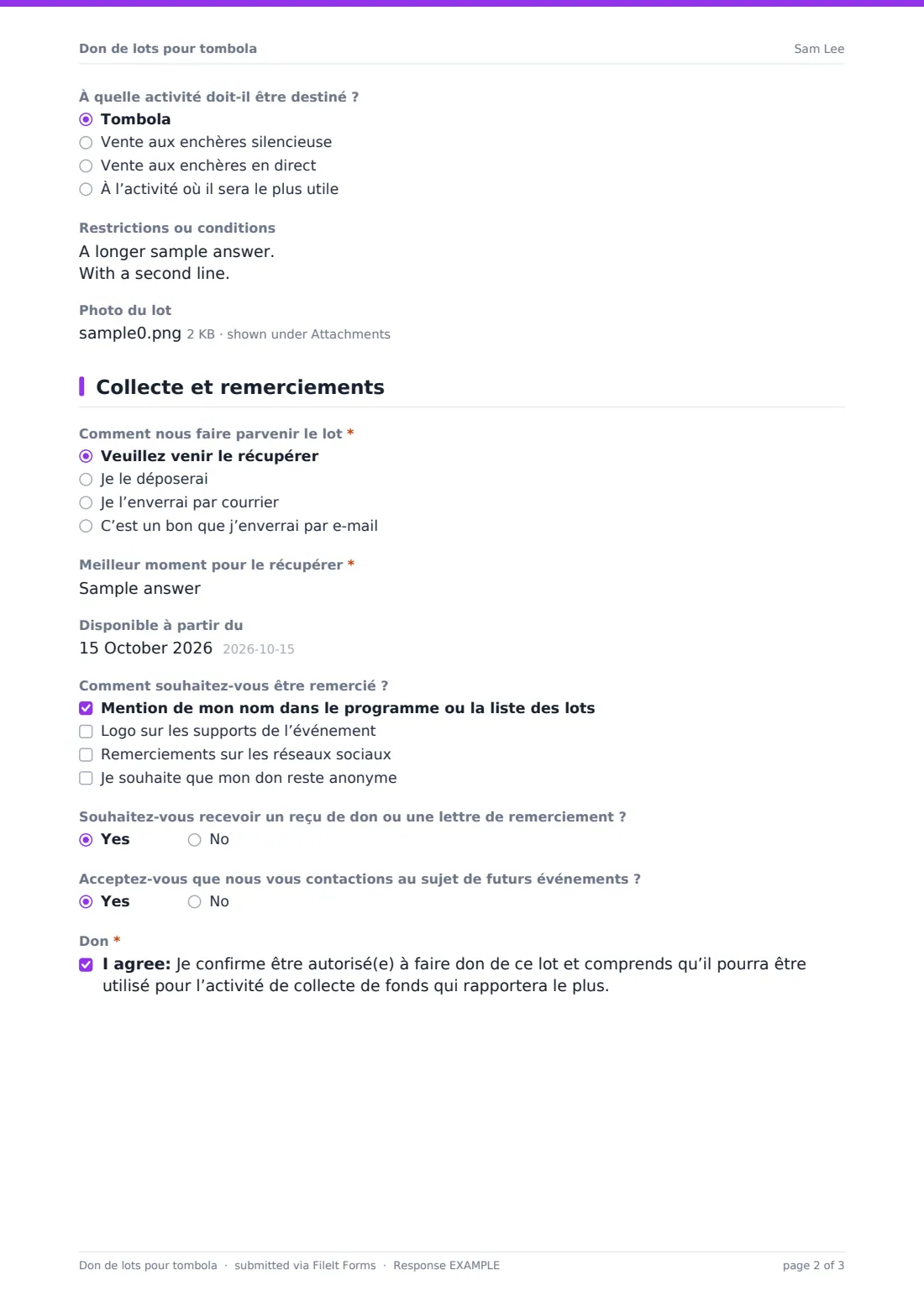 Don de lots pour tombola — exemple de réponse au format PDF, page 2 sur 3