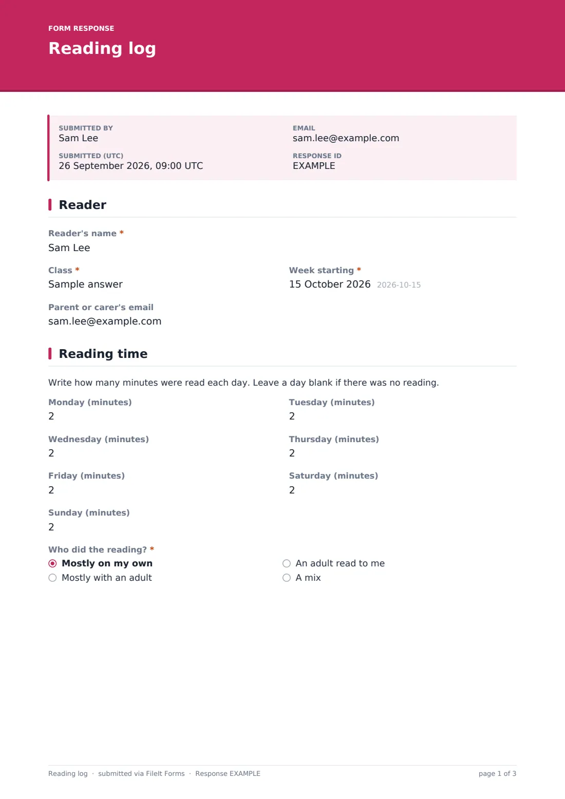 Reading log — example response PDF, page 1 of 3