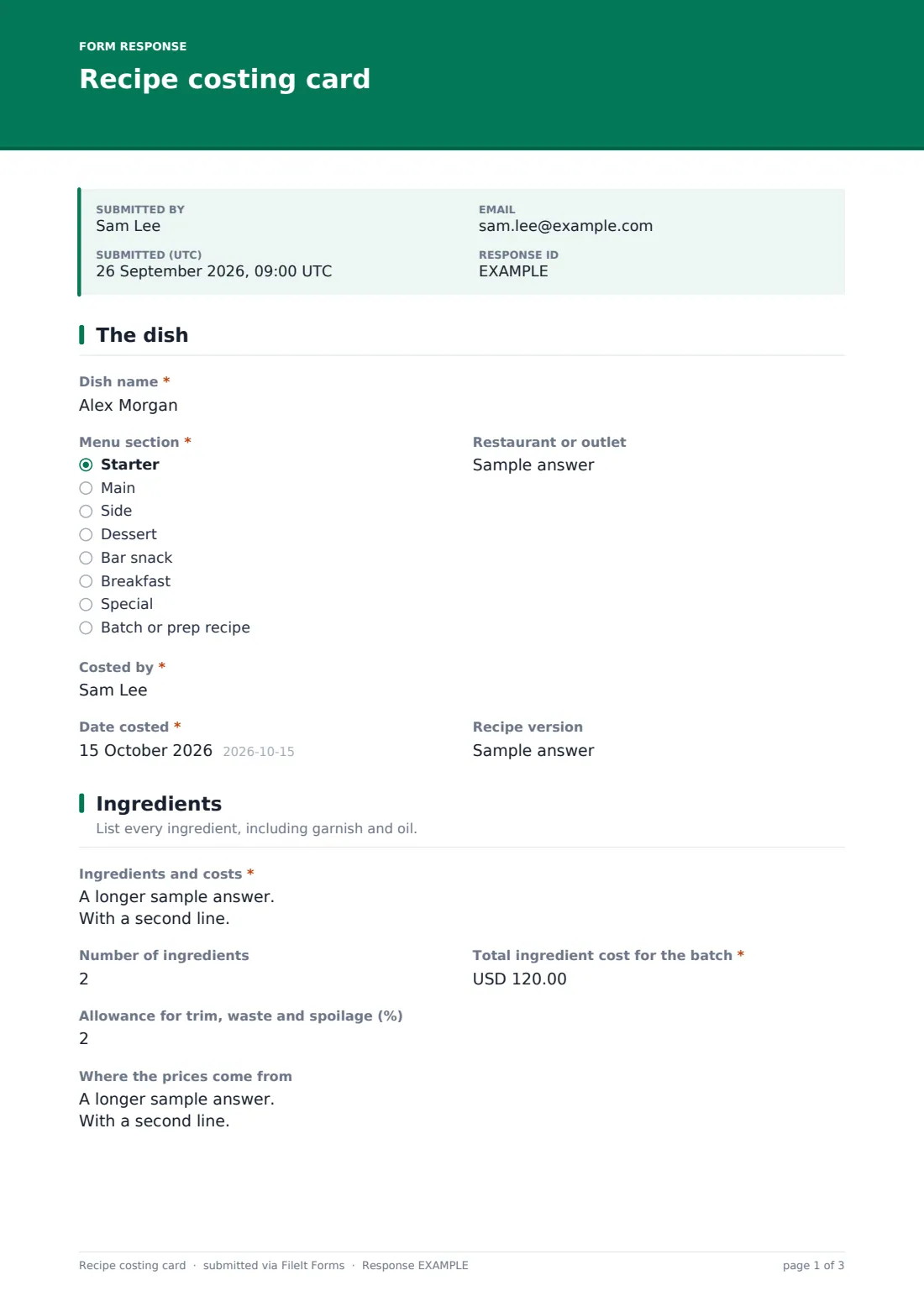 Recipe costing card — example response PDF, page 1 of 3