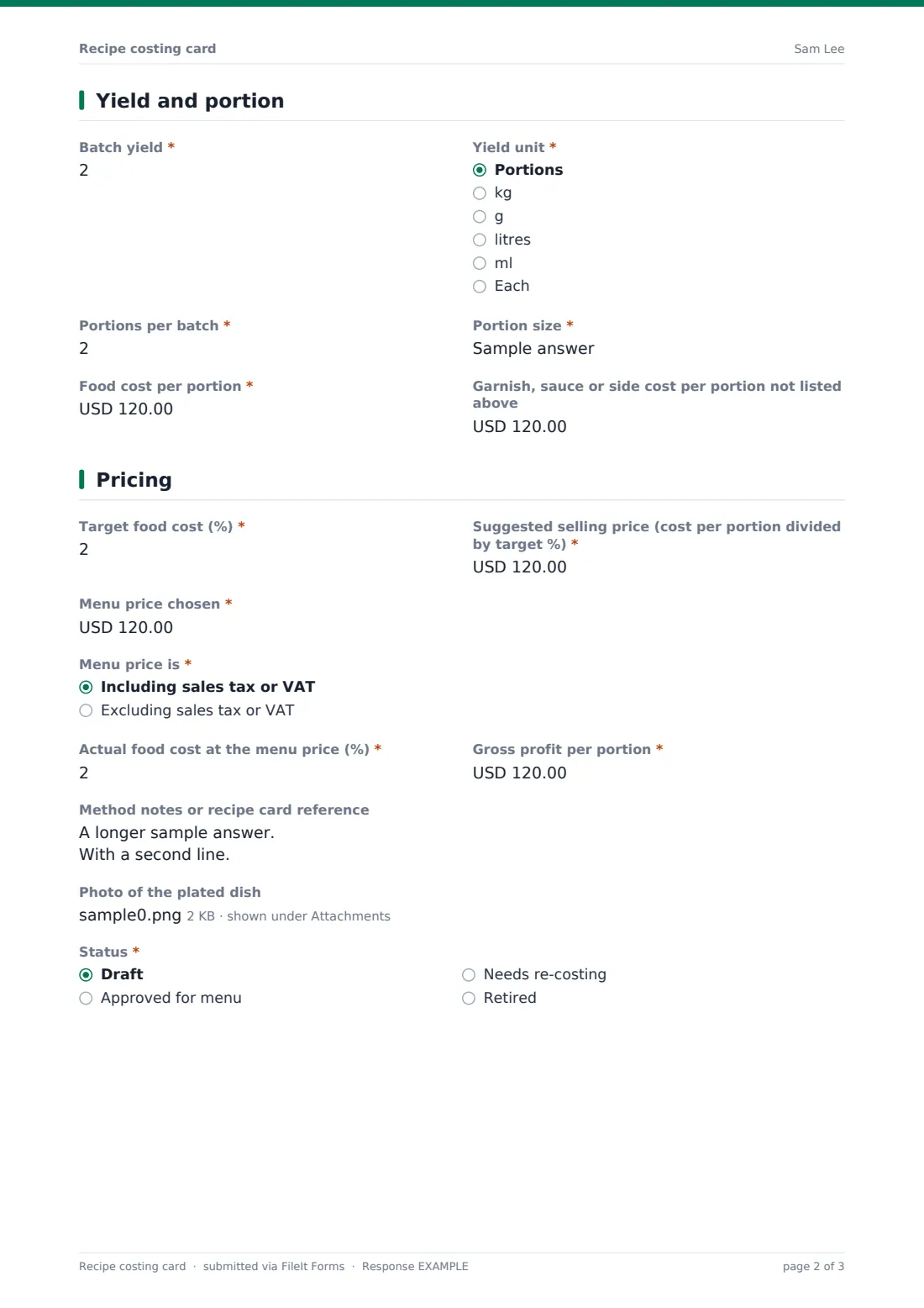 Recipe costing card — example response PDF, page 2 of 3