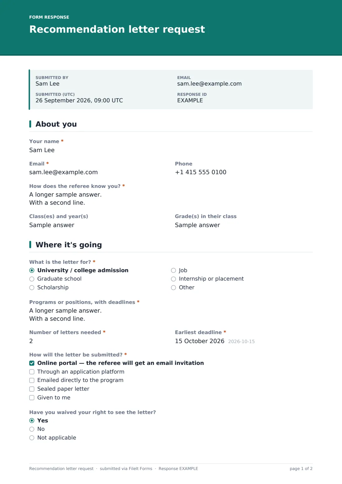 Recommendation letter request — example response PDF, page 1 of 2