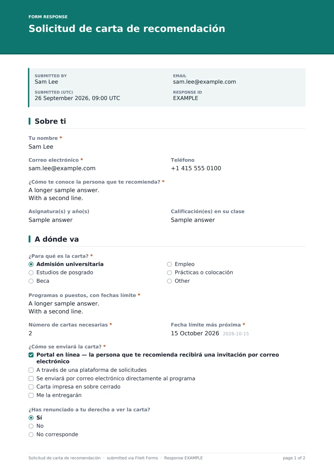 Solicitud de carta de recomendación — PDF de respuesta de ejemplo, página 1 de 2