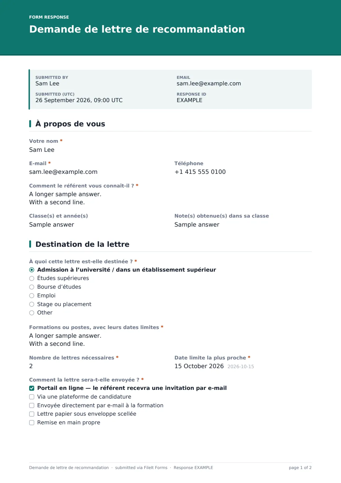 Demande de lettre de recommandation — exemple de réponse au format PDF, page 1 sur 2