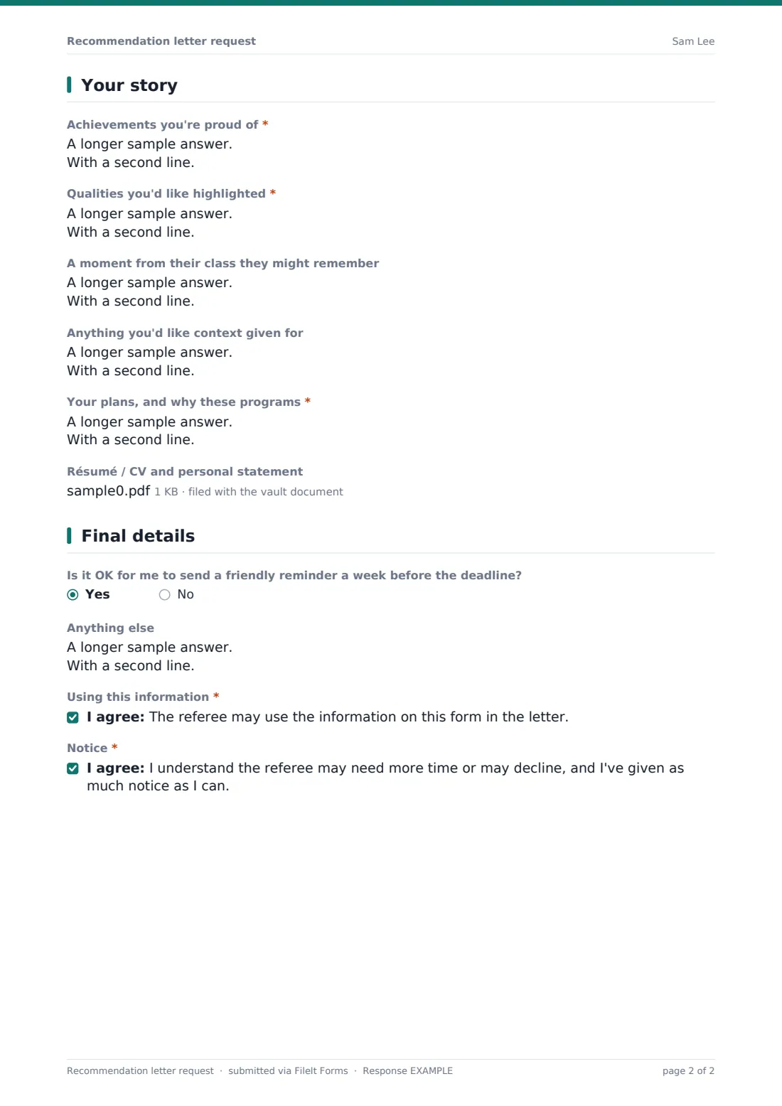 Recommendation letter request — example response PDF, page 2 of 2