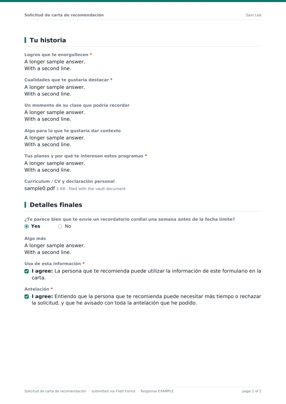 Solicitud de carta de recomendación — PDF de respuesta de ejemplo, página 2 de 2