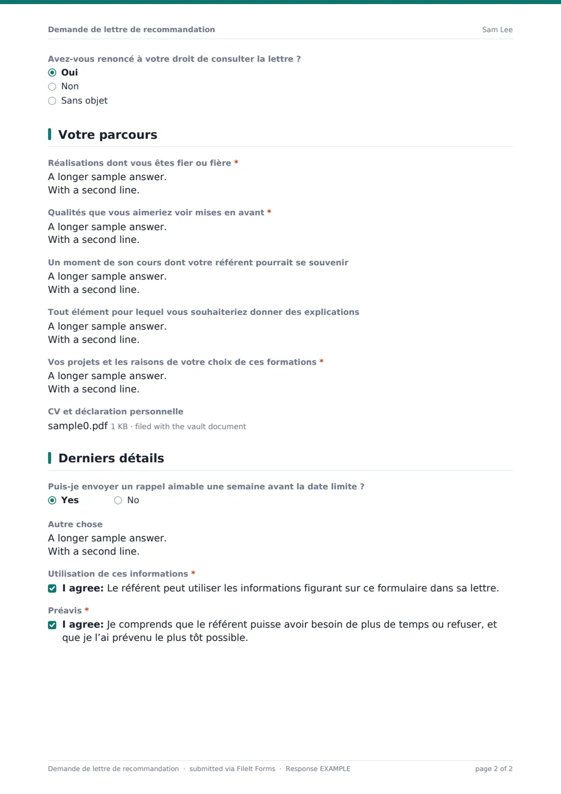 Demande de lettre de recommandation — exemple de réponse au format PDF, page 2 sur 2