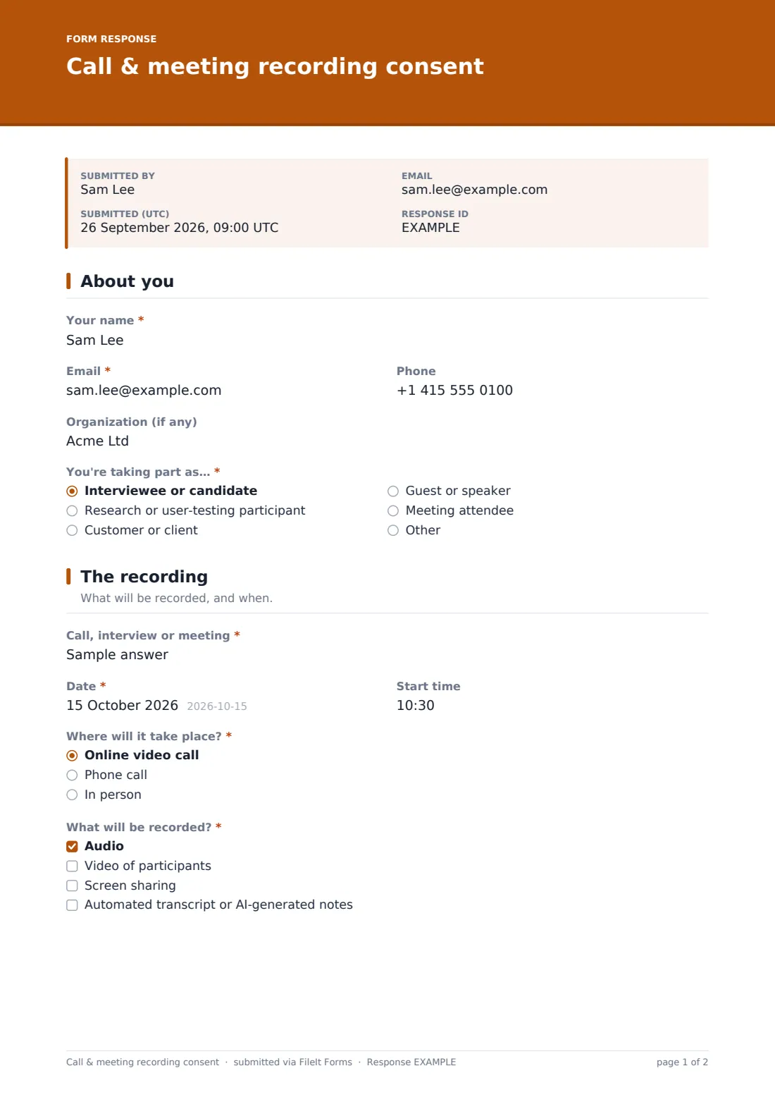 Call & meeting recording consent — example response PDF, page 1 of 2