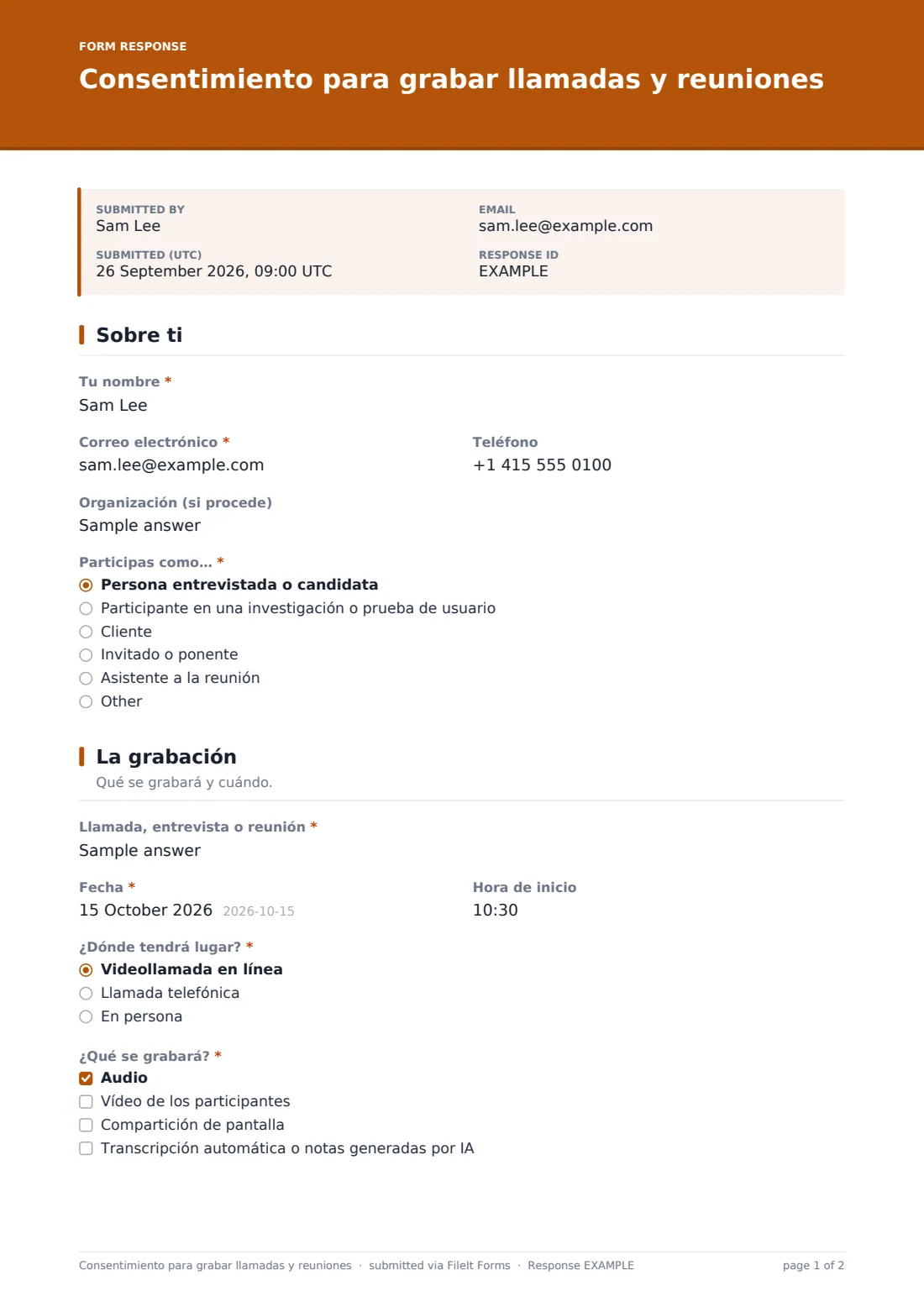 Consentimiento para grabar llamadas y reuniones — PDF de respuesta de ejemplo, página 1 de 2