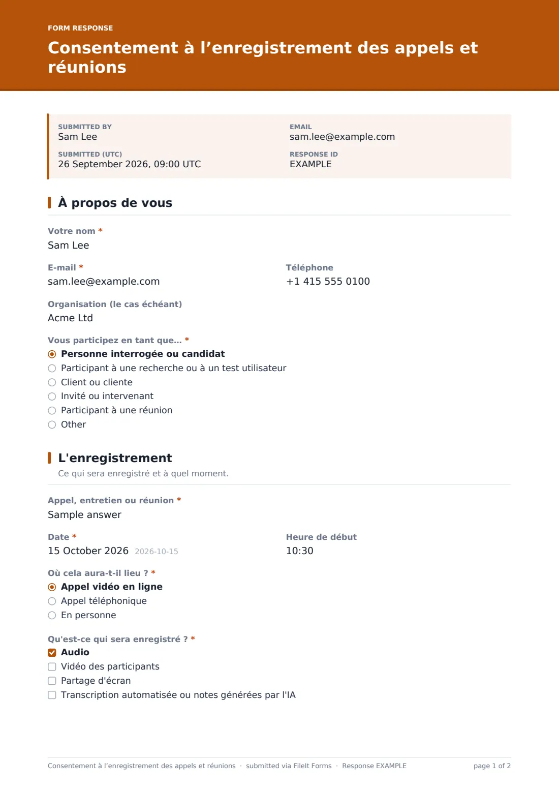Consentement à l’enregistrement des appels et réunions — exemple de réponse au format PDF, page 1 sur 2
