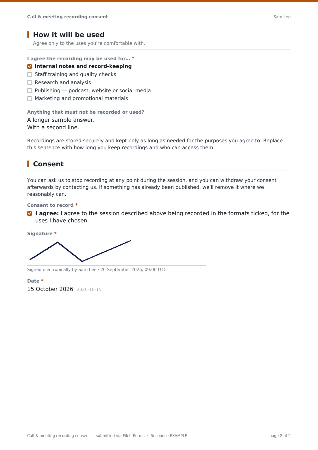 Call & meeting recording consent — example response PDF, page 2 of 2