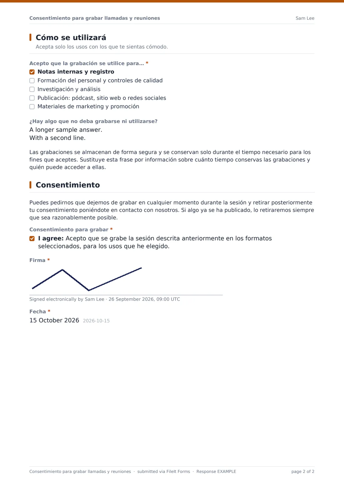 Consentimiento para grabar llamadas y reuniones — PDF de respuesta de ejemplo, página 2 de 2