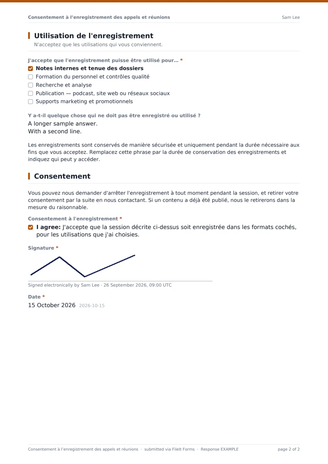 Consentement à l’enregistrement des appels et réunions — exemple de réponse au format PDF, page 2 sur 2