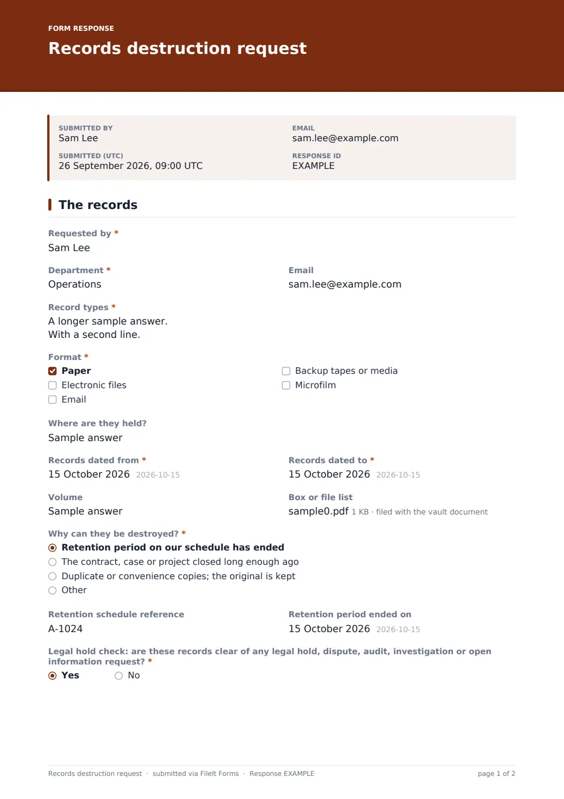 Records destruction request — example response PDF, page 1 of 2