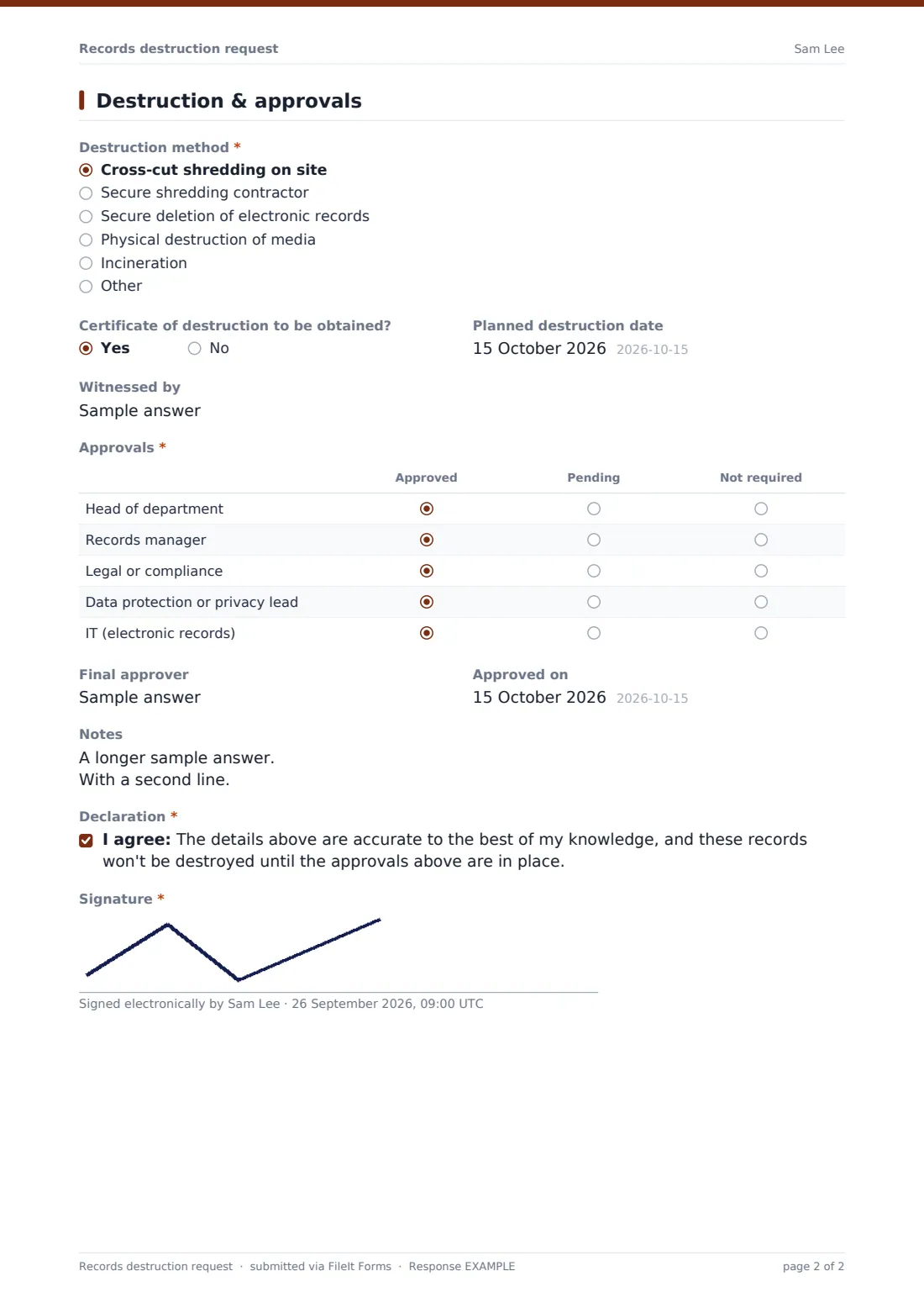 Records destruction request — example response PDF, page 2 of 2