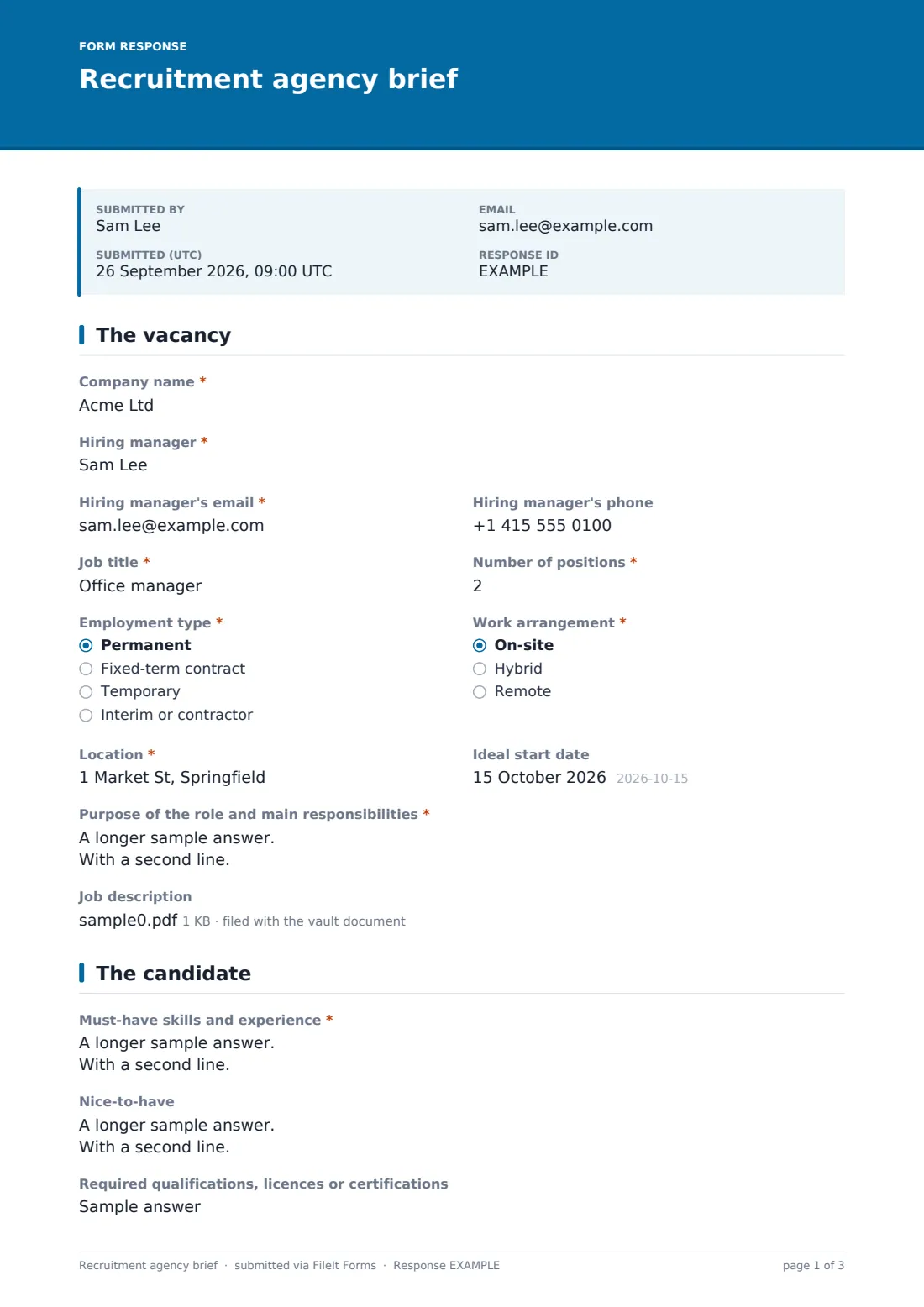 Recruitment agency brief — example response PDF, page 1 of 3