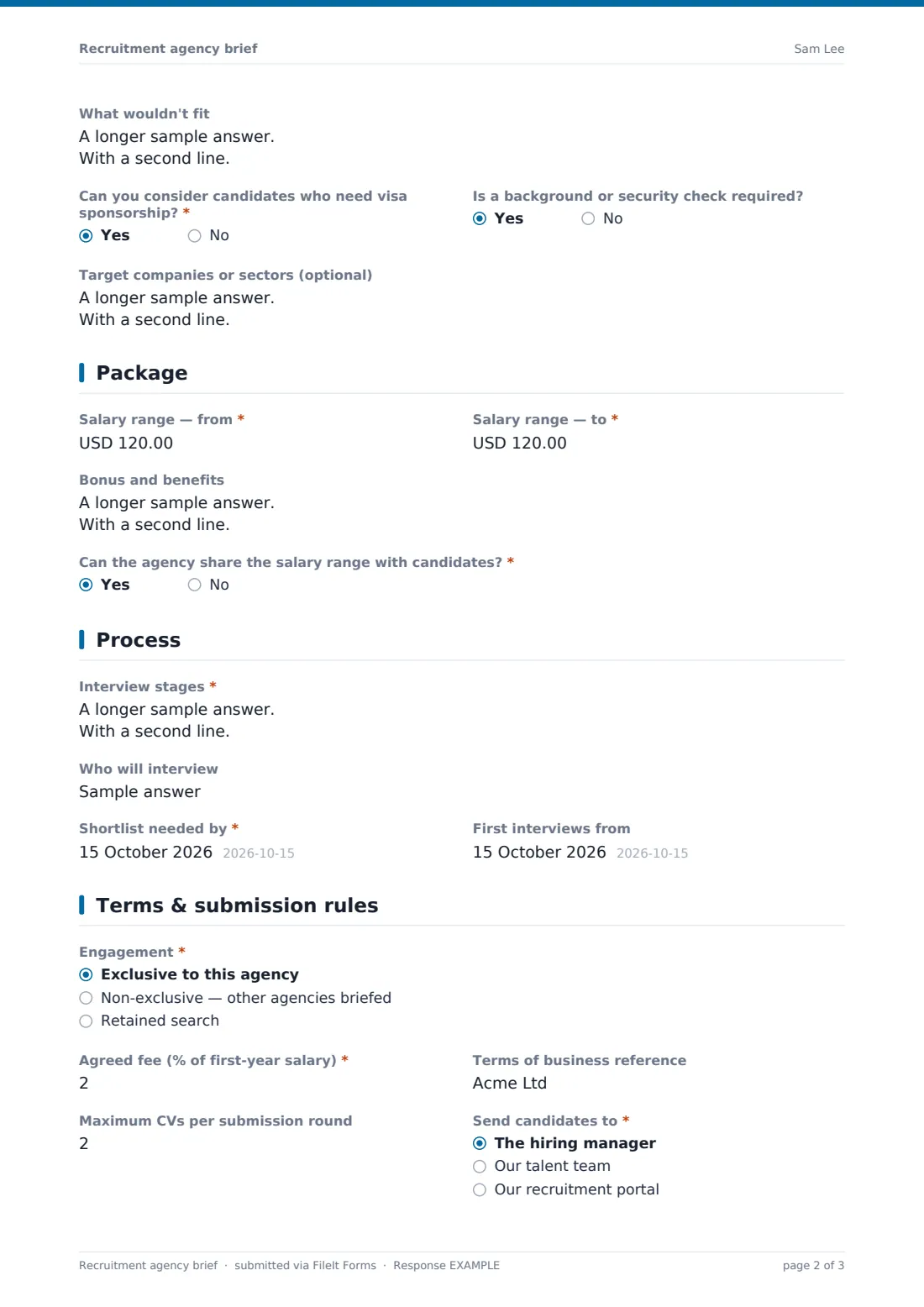 Recruitment agency brief — example response PDF, page 2 of 3