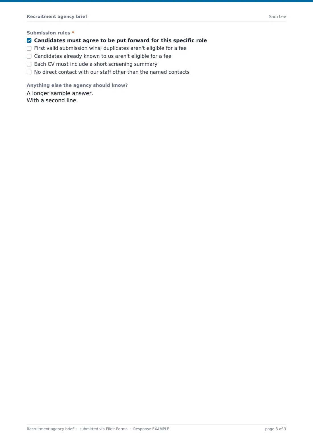 Recruitment agency brief — example response PDF, page 3 of 3