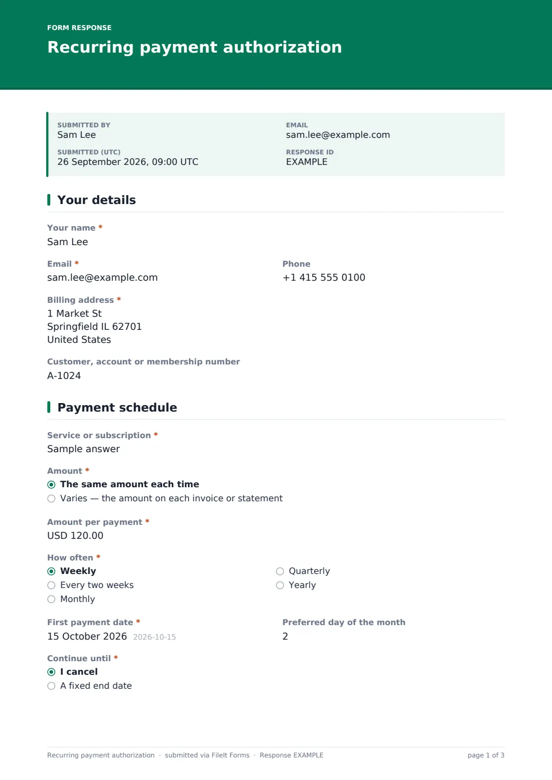 Recurring payment authorization — example response PDF, page 1 of 3
