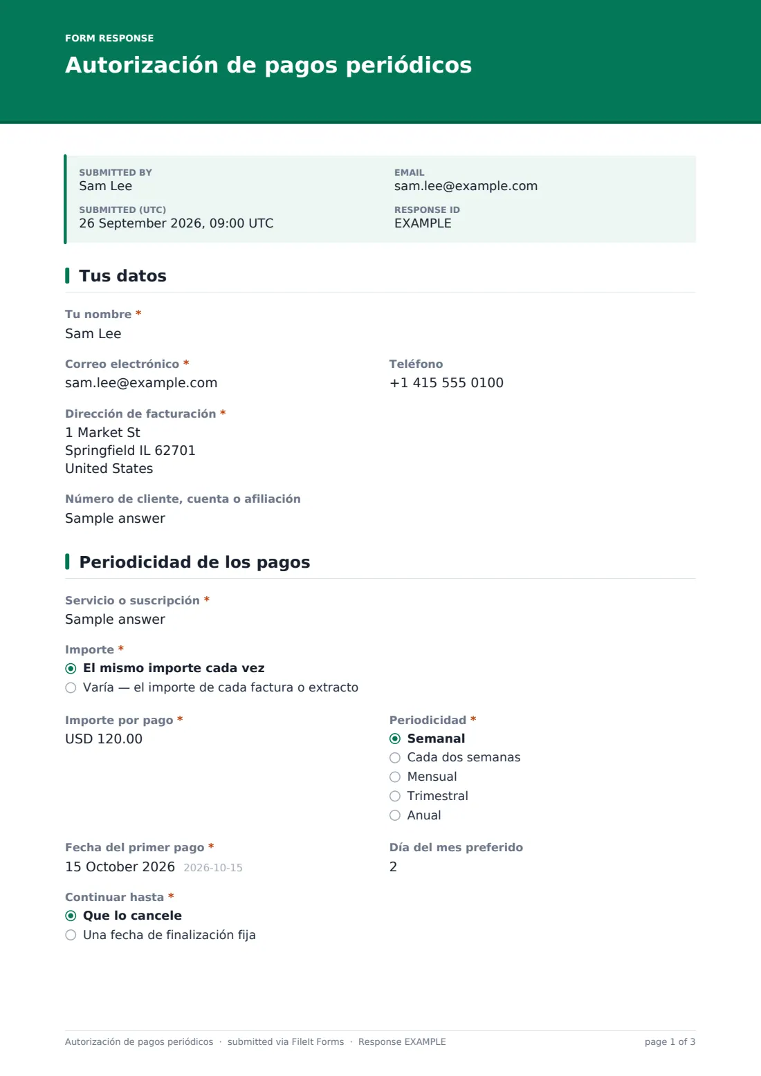 Autorización de pagos periódicos — PDF de respuesta de ejemplo, página 1 de 3