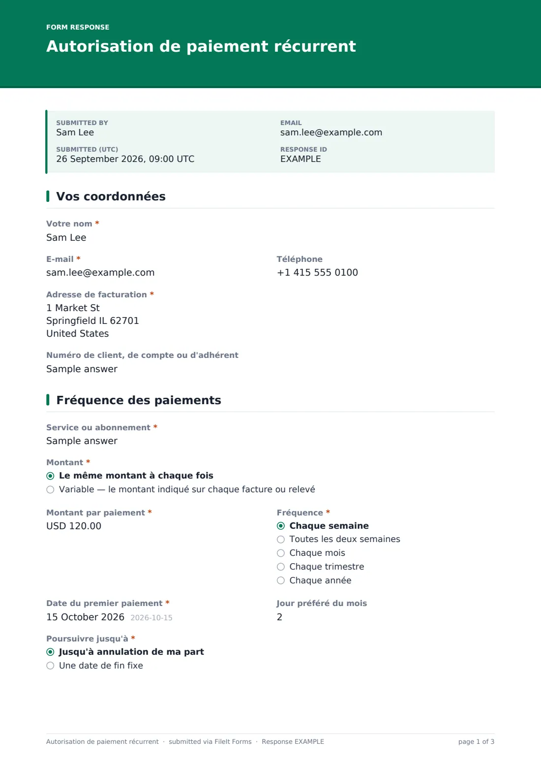 Autorisation de paiement récurrent — exemple de réponse au format PDF, page 1 sur 3