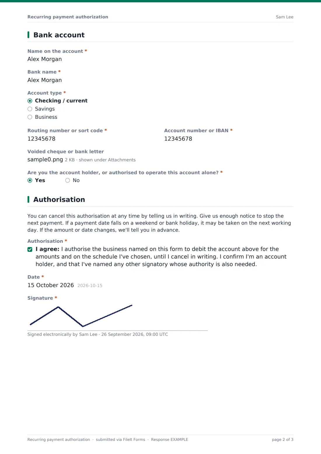 Recurring payment authorization — example response PDF, page 2 of 3