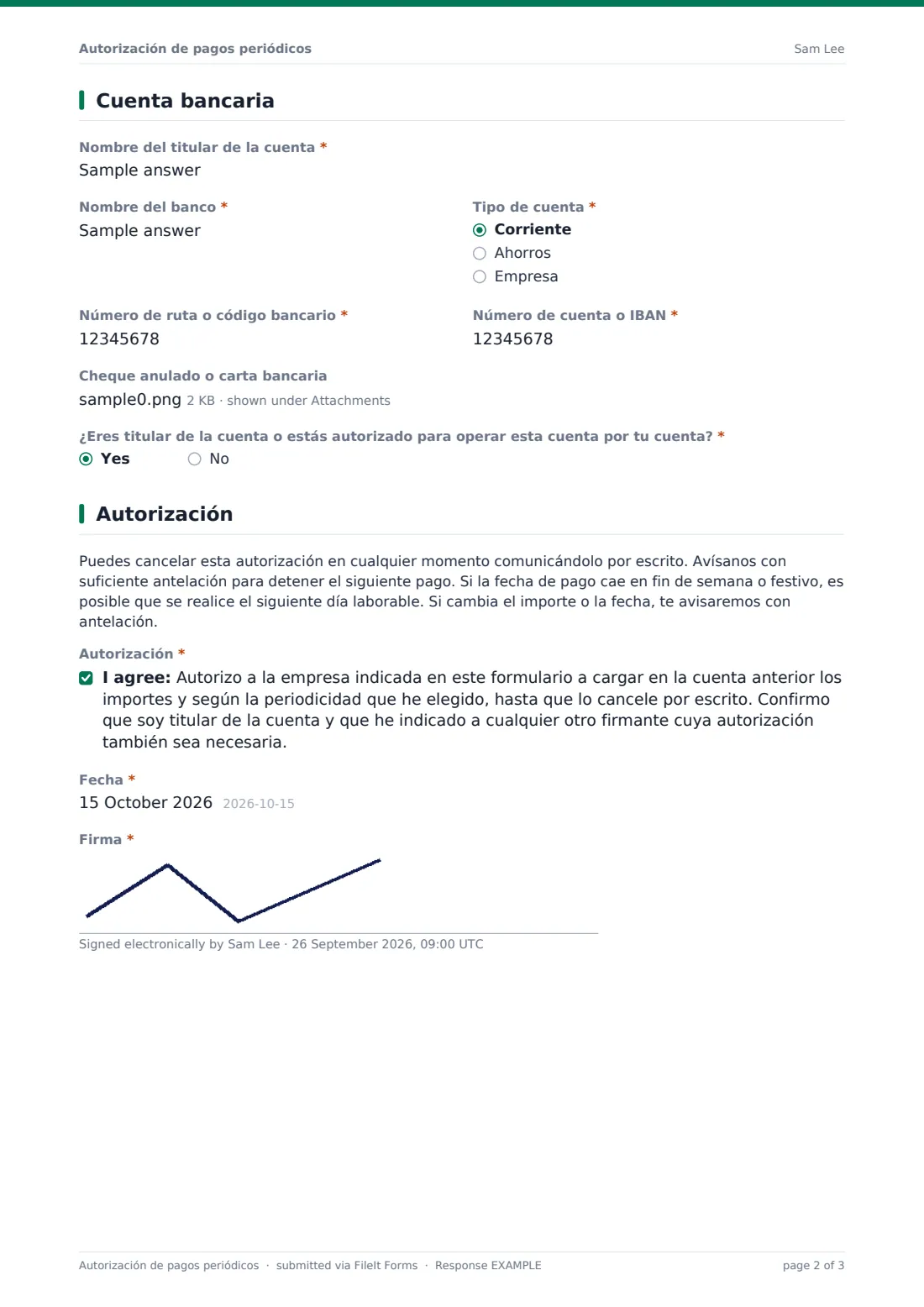 Autorización de pagos periódicos — PDF de respuesta de ejemplo, página 2 de 3