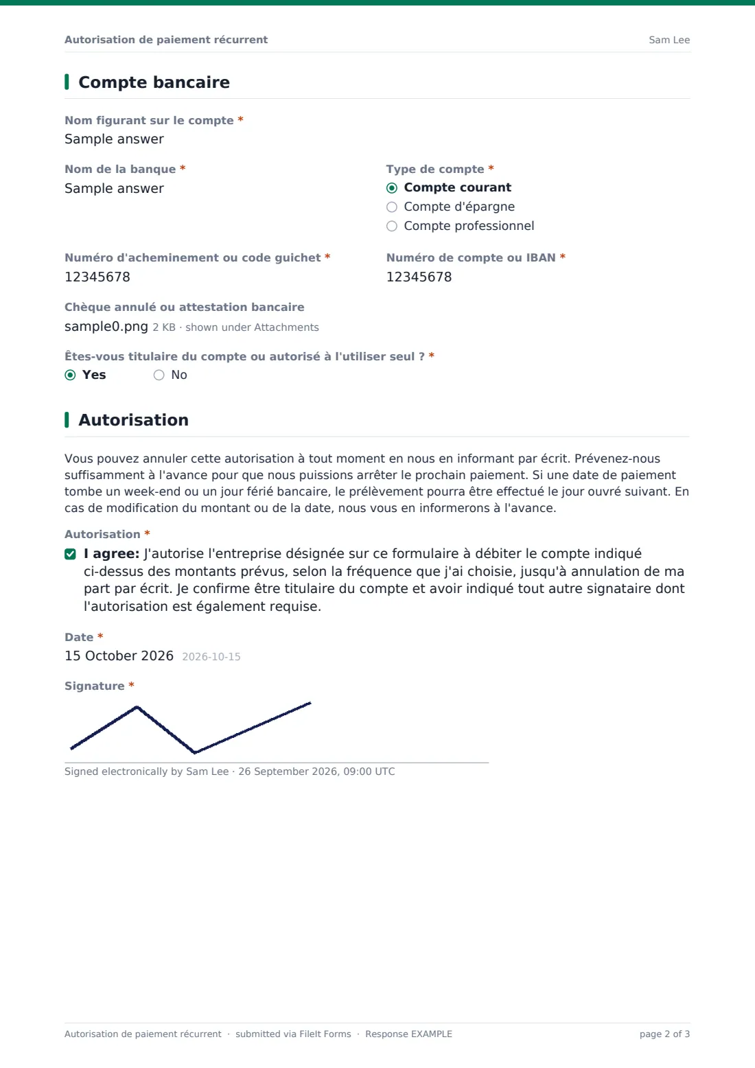 Autorisation de paiement récurrent — exemple de réponse au format PDF, page 2 sur 3