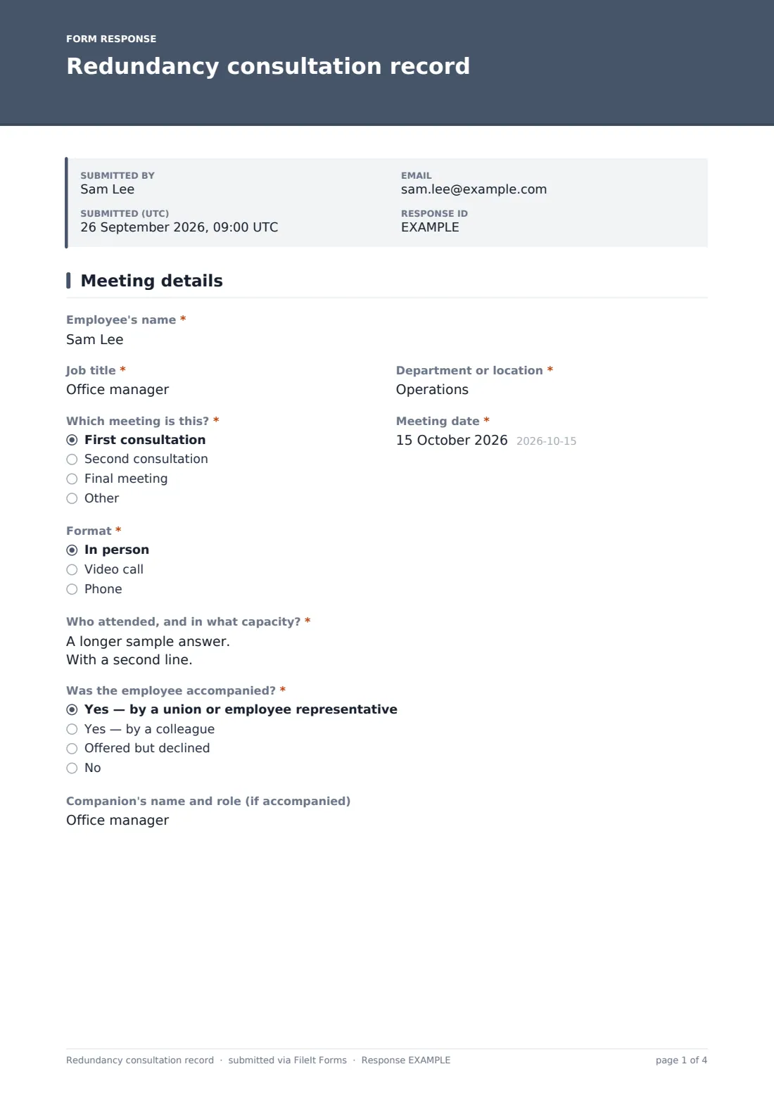 Redundancy consultation record — example response PDF, page 1 of 4