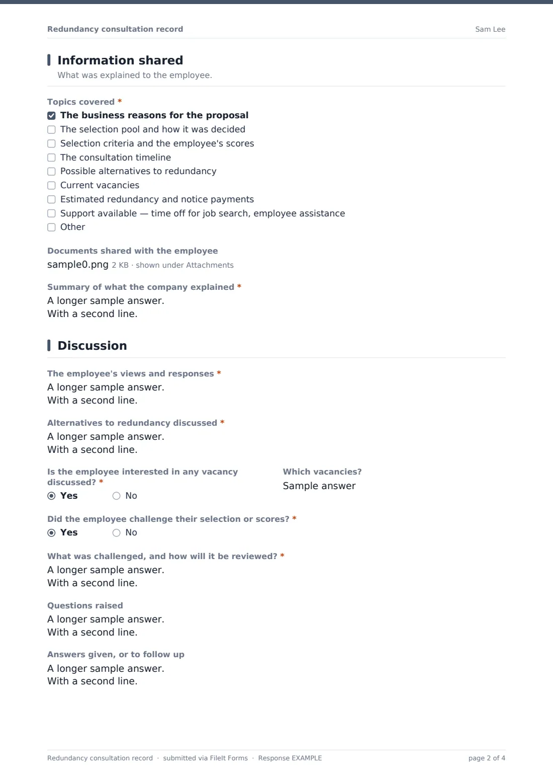 Redundancy consultation record — example response PDF, page 2 of 4