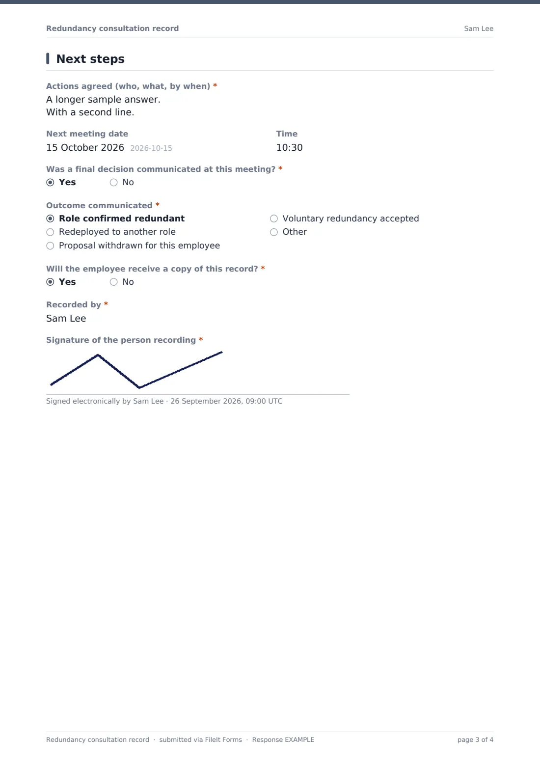 Redundancy consultation record — example response PDF, page 3 of 4