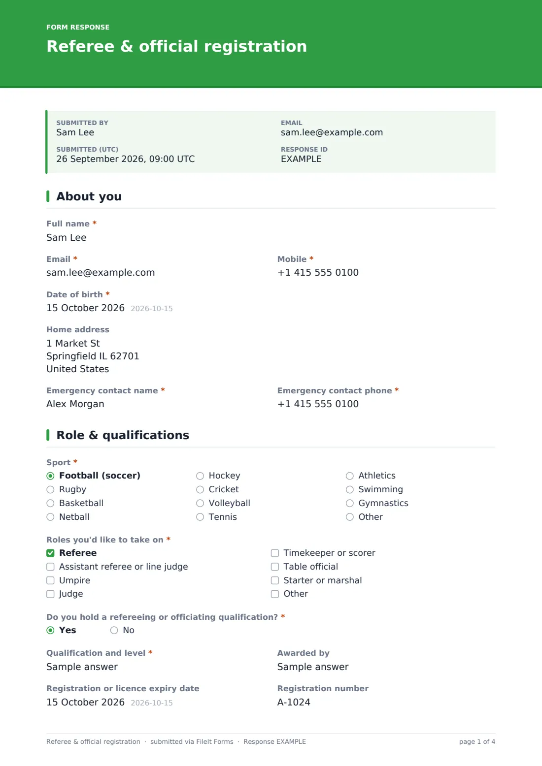 Referee & official registration — example response PDF, page 1 of 4