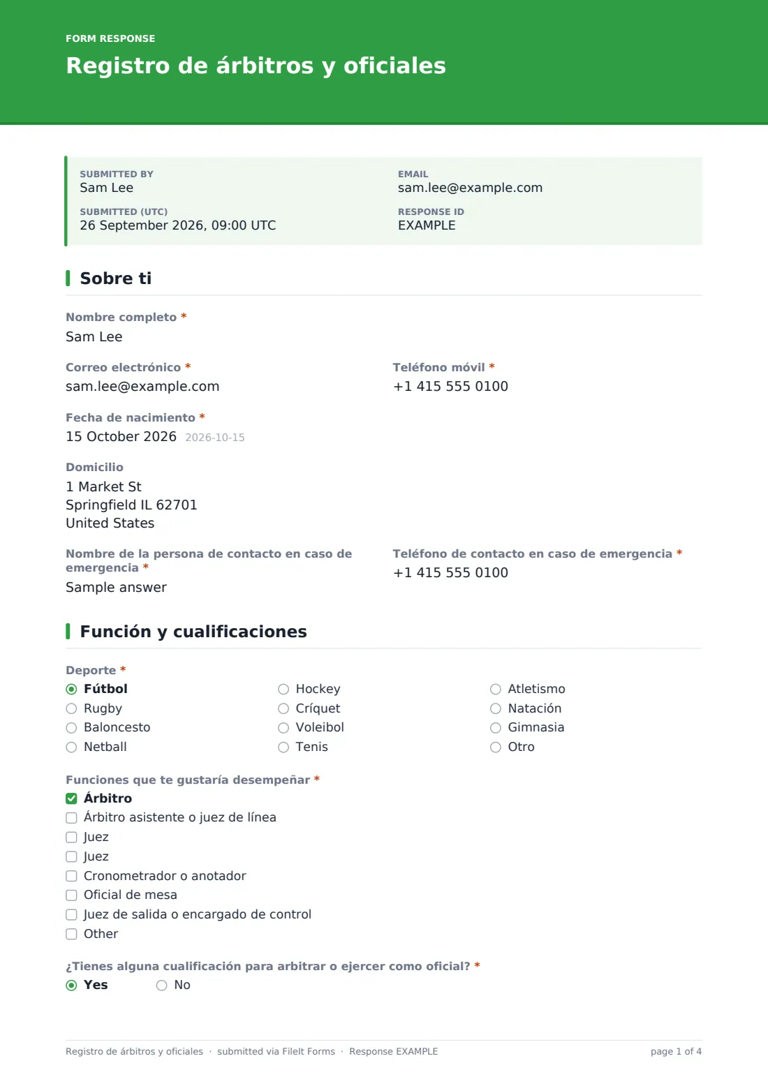 Registro de árbitros y oficiales — PDF de respuesta de ejemplo, página 1 de 4
