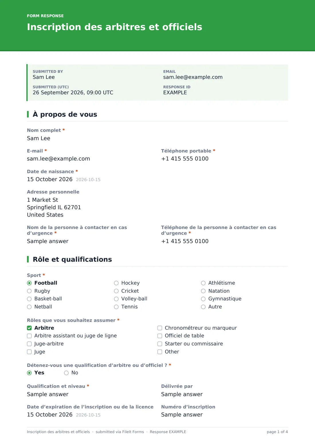 Inscription des arbitres et officiels — exemple de réponse au format PDF, page 1 sur 4
