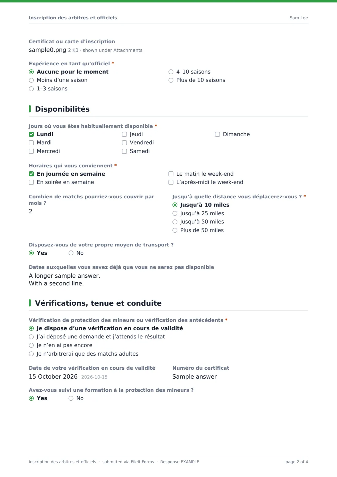 Inscription des arbitres et officiels — exemple de réponse au format PDF, page 2 sur 4