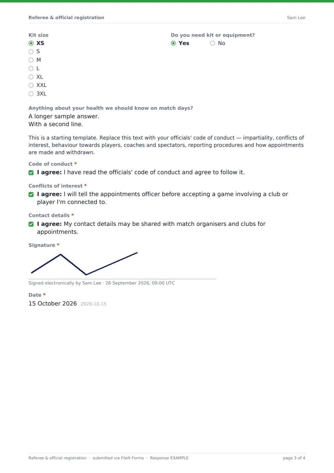 Referee & official registration — example response PDF, page 3 of 4