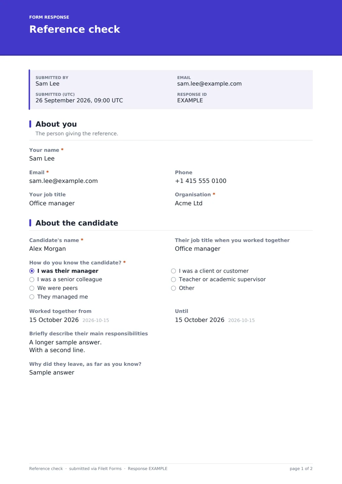 Reference check — example response PDF, page 1 of 2