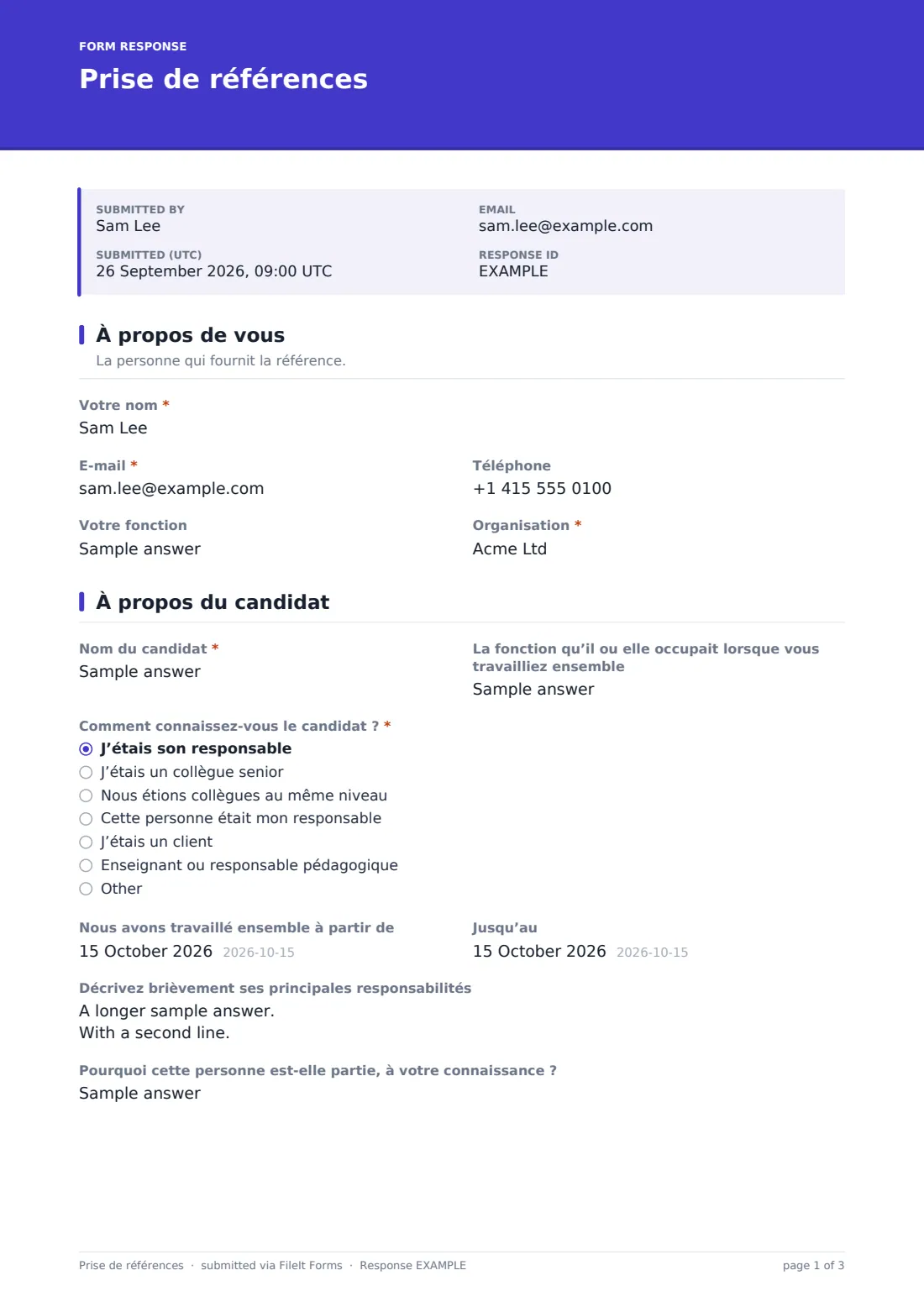 Prise de références — exemple de réponse au format PDF, page 1 sur 3