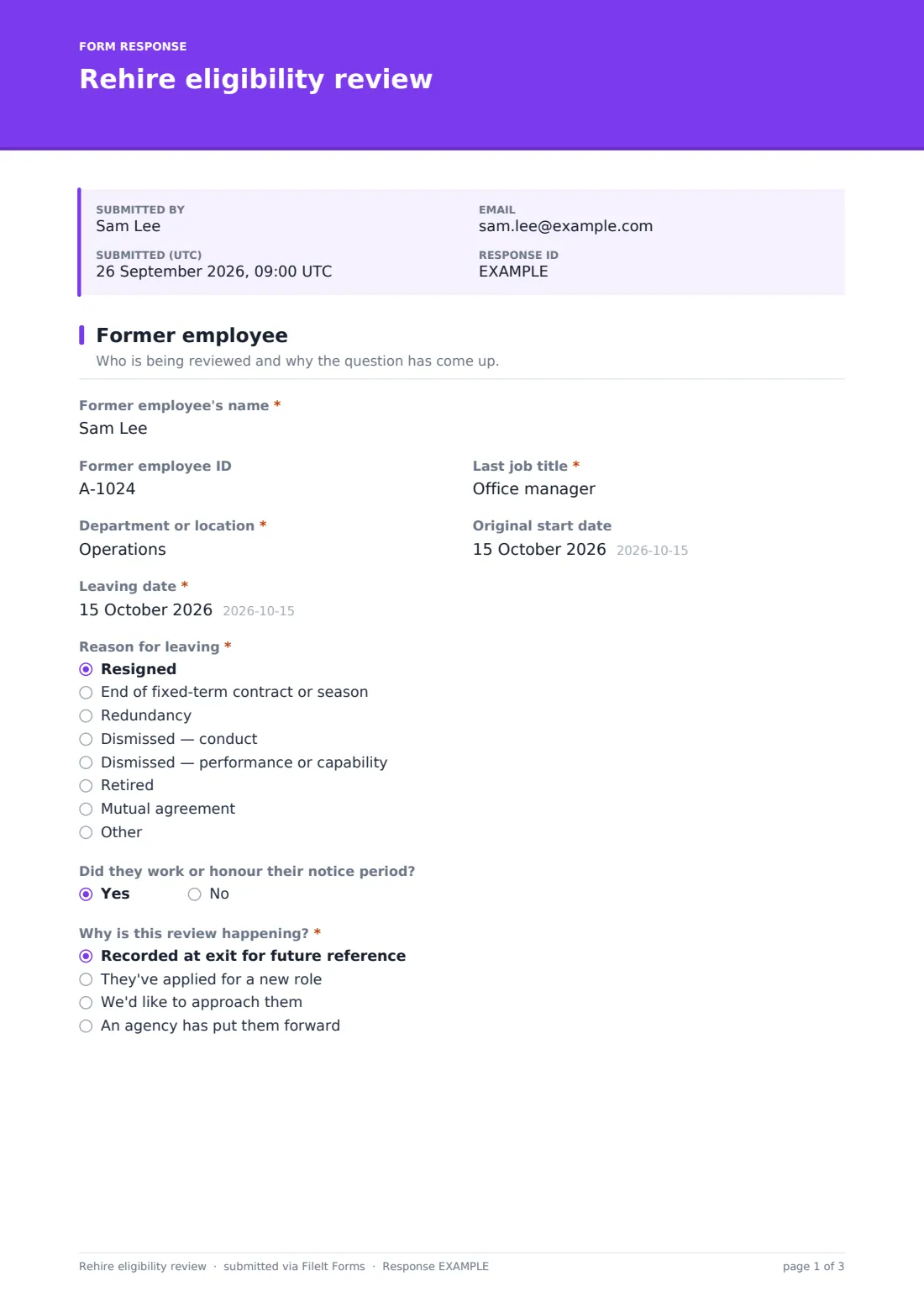 Rehire eligibility review — example response PDF, page 1 of 3