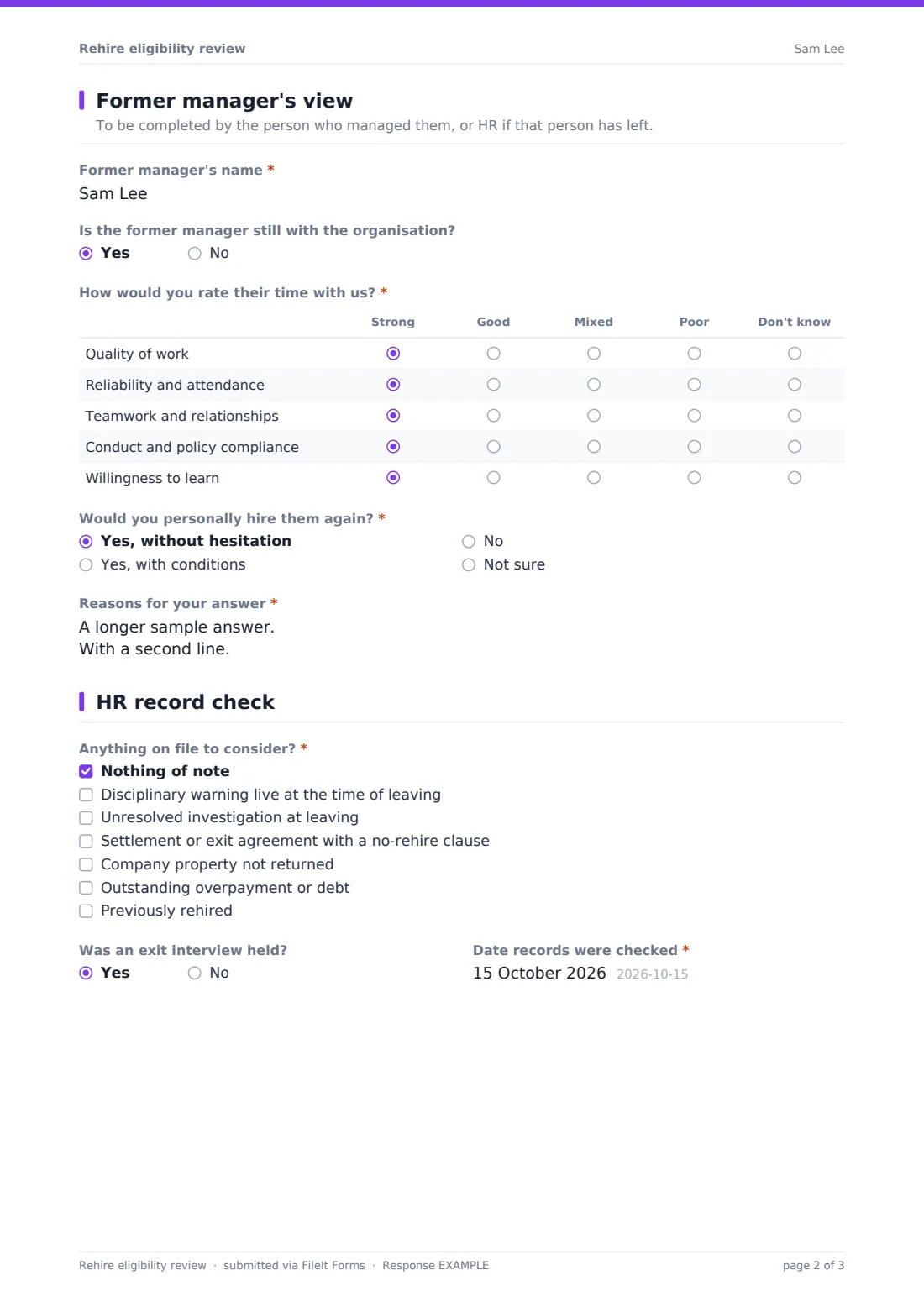 Rehire eligibility review — example response PDF, page 2 of 3