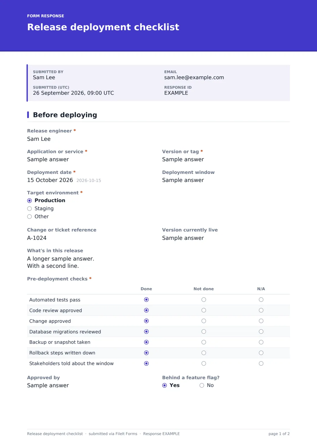 Release deployment checklist — example response PDF, page 1 of 2