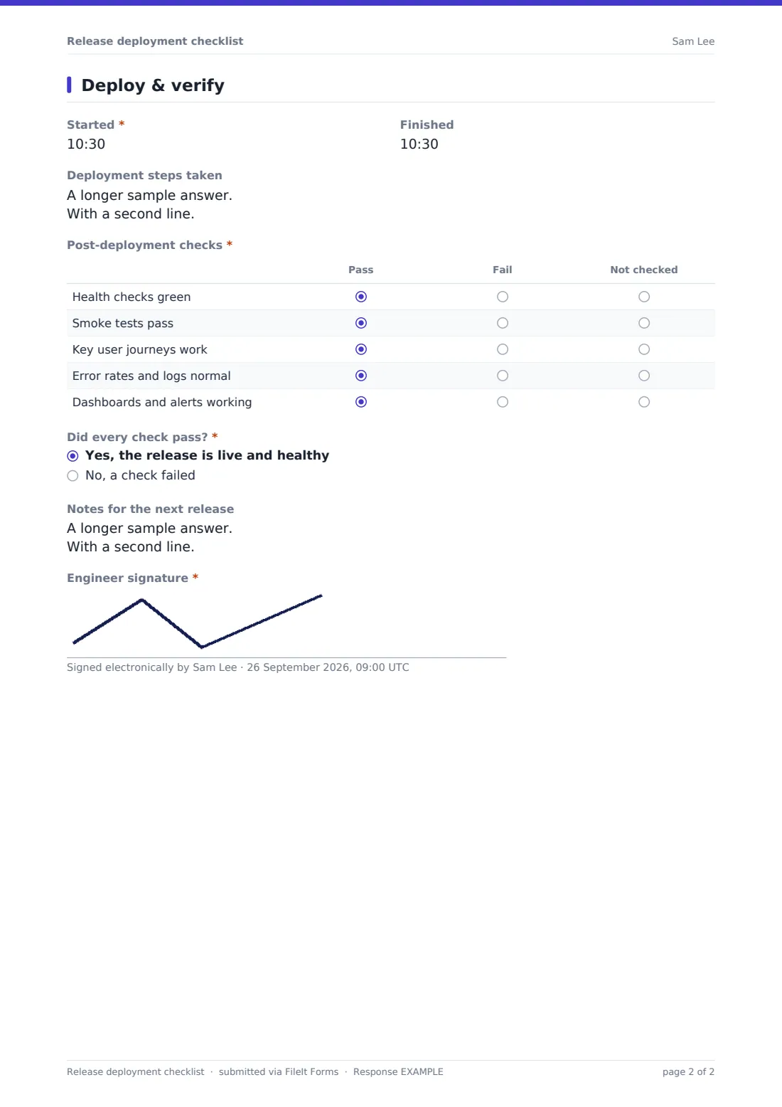 Release deployment checklist — example response PDF, page 2 of 2