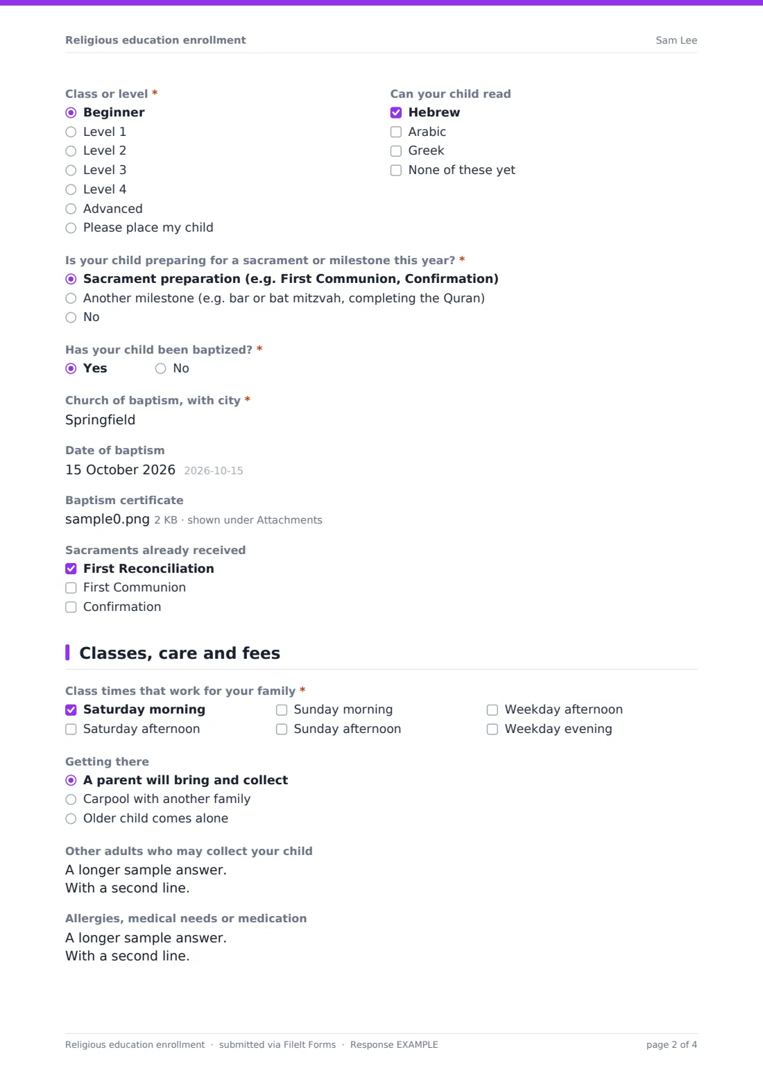 Religious education enrollment — example response PDF, page 2 of 4